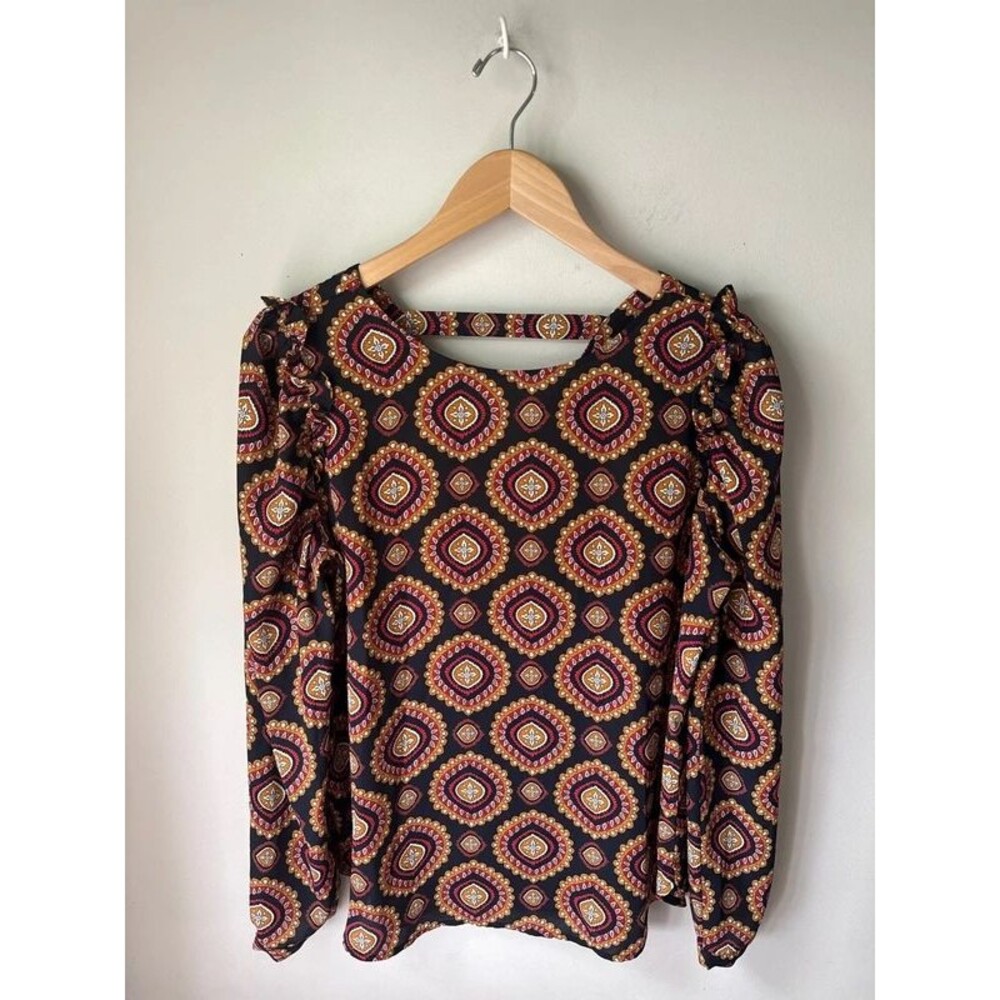 Boho Medallion Print Ruffle Shoulder Blouse Small